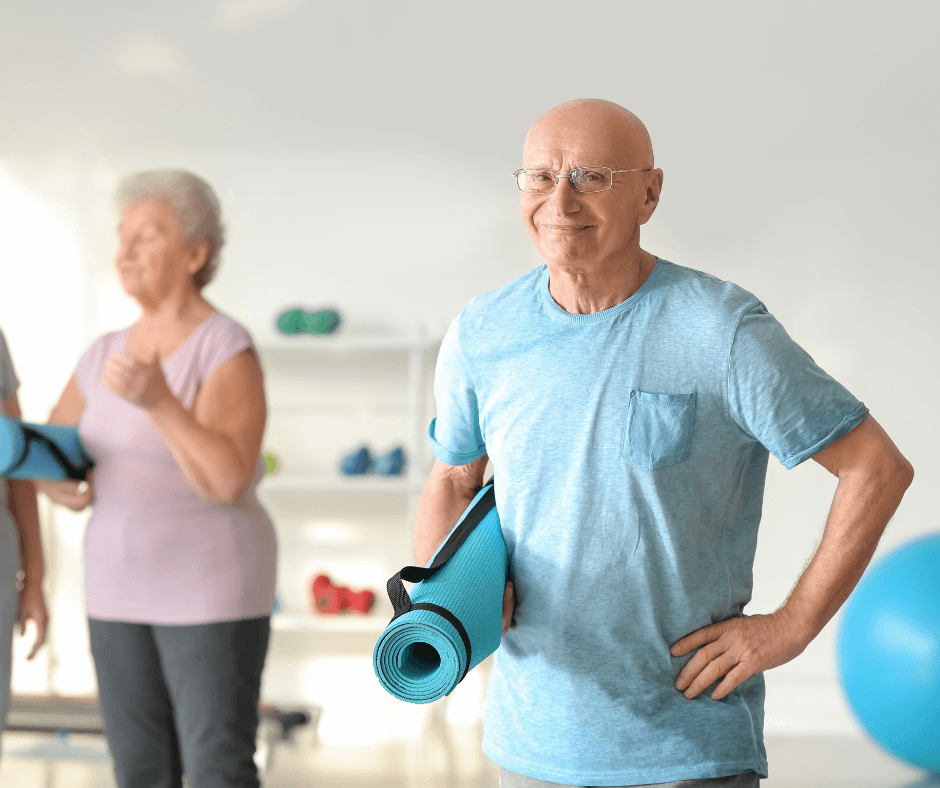 Elders conversing after a yoga session.