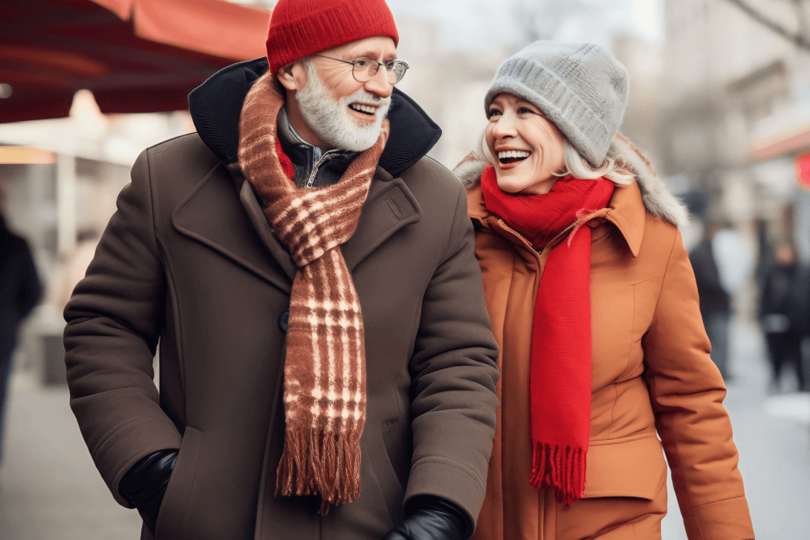 An elderly couple walking in cold layer. They have multiple layers of clothing on to keep them warm.